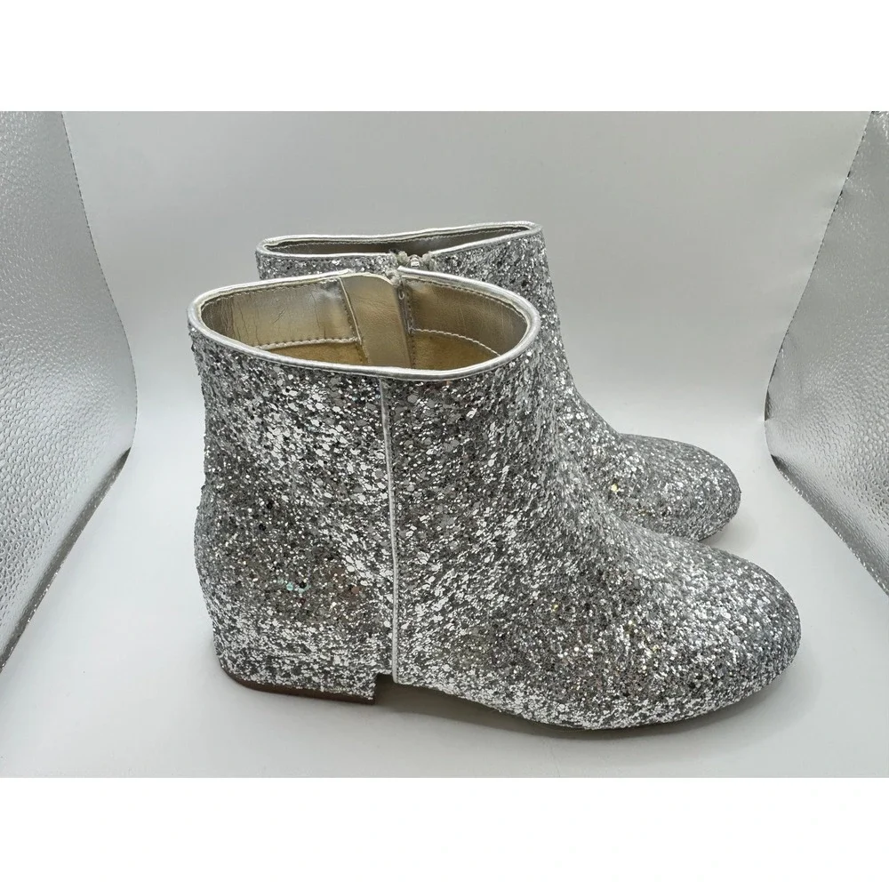 J.Crew Girls Silver Glitter Ankle Boots CE035 Side Zip Sparkle Booties Size 5